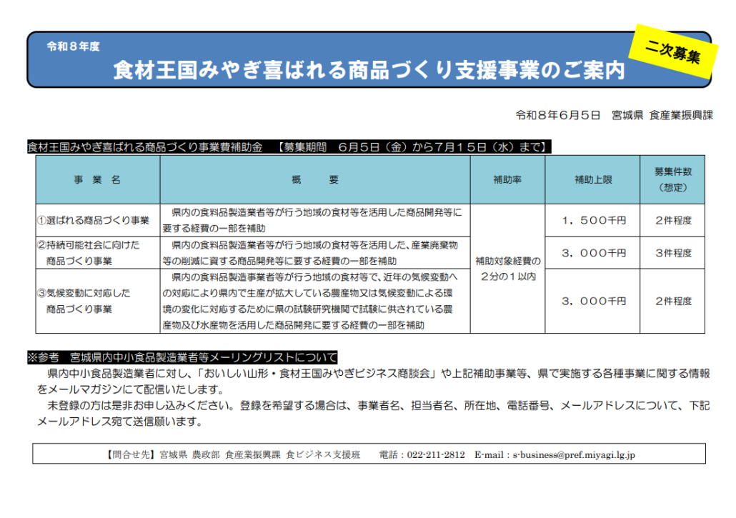 食材王国みやぎ喜ばれる商品づくり事業費補助金