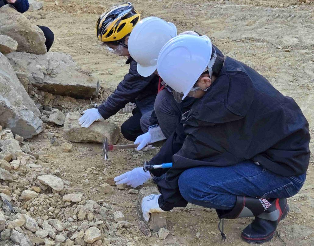 恐竜博士と一緒に化石探し　石割り体験のようすの画像